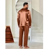 Ekouaer Mens Pajamas Set Silk Satin Sleepwear Long Sleeve Button Down Pjs(Brown)