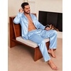 Ekouaer Mens Pajamas Set Silk Satin Sleepwear Long Sleeve Button Down Pjs(Light Blue)