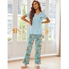 Ekouaer Pajama Sets for Women 2 Piece Short Sleeve Pj V Neck Chest Pocket(Blue-green Flower)