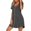 Ekouaer Womens Nightgown Button Down Sleep Shirts Short Sleeve Nightshirt V-Neck Sleepdress Soft Sleepwer(Dark Grey)