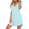 Ekouaer Womens Nightgown Button Down Sleep Shirts Short Sleeve Nightshirt V-Neck Sleepdress Soft Sleepwer(Light Blue)