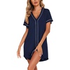 Ekouaer Womens Nightgown Button Down Sleep Shirts Short Sleeve Nightshirt V-Neck Sleepdress Soft Sleepwer(Navy Blue)