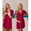 Ekouaer Womens Nightgown Button Down Sleep Shirts Short Sleeve Nightshirt V-Neck Sleepdress Soft Sleepwer(Wine Red)