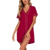 Ekouaer Womens Nightgown Button Down Sleep Shirts Short Sleeve Nightshirt V-Neck Sleepdress Soft Sleepwer(Wine Red)