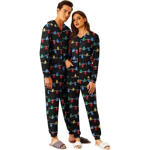 Ekouaer Christmas Matching Onesie for Couples Adult Hooded Pajamas(Christmas Lights Print)