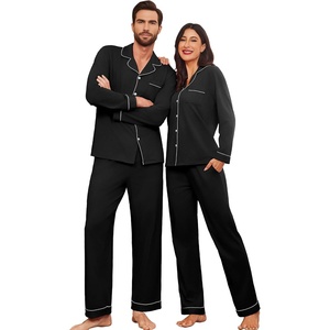 Ekouaer Couple Matching Pajamas 100% Cotton Long Sleeve Loungewear Pj Sets(Black)