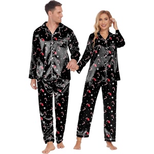 Ekouaer Couples Matching Pajamas Silk Long Sleeve Sleepwear Satin Pjs Set(Christmas Black Candy)