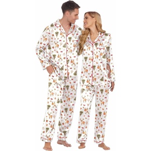 Ekouaer Couples Matching Pajamas Silk Long Sleeve Sleepwear Satin Pjs Set(Christmas Champagne)