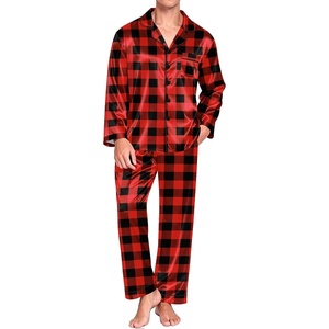 Ekouaer Mens Pajamas Set Silk Satin Sleepwear Long Sleeve Button Down Pjs(Plaid Black Red)