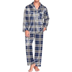 Ekouaer Mens Pajamas Set Silk Satin Sleepwear Long Sleeve Button Down Pjs(Plaid Navy Grey)
