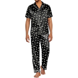 Ekouaer Mens Satin Pajama Set Short Sleeve Button Down Sleepwear with Pant(Black Star)