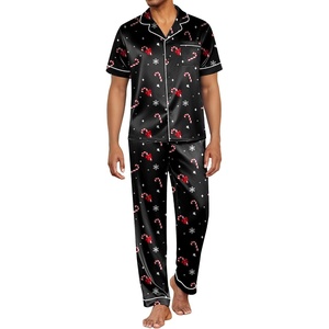 Ekouaer Mens Satin Pajama Set Short Sleeve Button Down Sleepwear with Pant(Christmas Black)