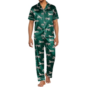 Ekouaer Mens Satin Pajama Set Short Sleeve Button Down Sleepwear with Pant(Green Tiger)