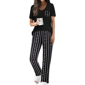 Ekouaer Pajama Sets for Women 2 Piece Short Sleeve Pj V Neck Chest Pocket(Black Striped)