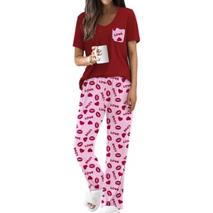 Ekouaer Pajama Sets for Women 2 Piece Short Sleeve Pj V Neck Chest Pocket(Pink Love Letter Lips)