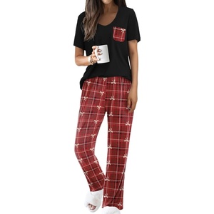 Ekouaer Pajama Sets for Women 2 Piece Short Sleeve Pj V Neck Chest Pocket(Red Plaid Bow Tie)
