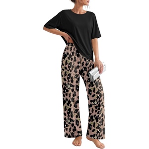 Ekouaer Pajama Sets for Women 2 Piece Short Sleeve Top Straight Pants Pjs(Black Leopard)