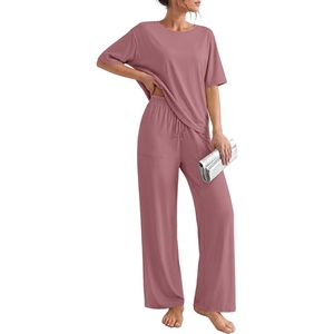 Ekouaer Pajama Sets for Women 2 Piece Short Sleeve Top Straight Pants Pjs(Dark Purple)