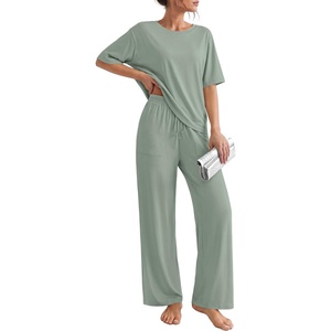 Ekouaer Pajama Sets for Women 2 Piece Short Sleeve Top Straight Pants Pjs(Grey Green)