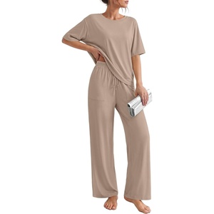 Ekouaer Pajama Sets for Women 2 Piece Short Sleeve Top Straight Pants Pjs(Khaki)