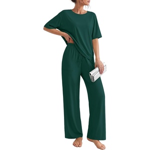 Ekouaer Pajama Sets for Women 2 Piece Short Sleeve Top Straight Pants Pjs(Lake Green)