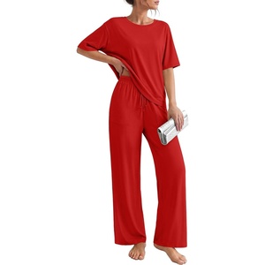 Ekouaer Pajama Sets for Women 2 Piece Short Sleeve Top Straight Pants Pjs(Red)