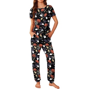 Ekouaer Pajamas for Womens Set Soft 2 Piece Loungewear with Jogger Pants(Black Halloween)