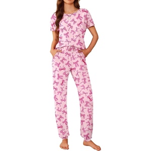 Ekouaer Pajamas for Womens Set Soft 2 Piece Loungewear with Jogger Pants(Pink Bow)