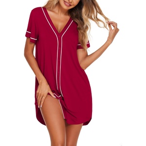 Ekouaer Womens Nightgown Button Down Sleep Shirts Short Sleeve Nightshirt V-Neck Sleepdress Soft Sleepwer(Wine Red)