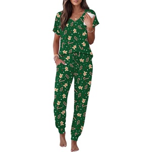 Ekouaer Womens Pajama Sets 2 Piece Lounge Set Short Sleeve Jogger Pants Pjs(Green Xmas)
