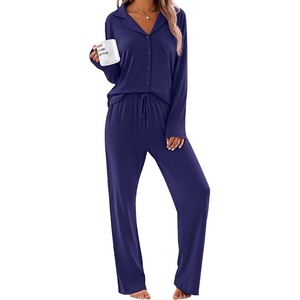 Ekouaer Women’s Pajama Sets Soft Long Sleeve Pjs Cute Button Down Sleepwear(Navy Blue)