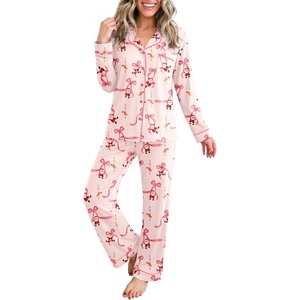 Ekouaer Womens Pajamas Set Button Up Pjs Sleepwear Lounge Sets(Pink Santa Claus)