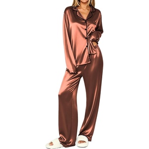 Ekouaer Womens Pajamas Silk Satin Long Sleeve Button Down Pjs Lounge Set(Brown)