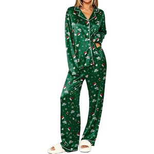Ekouaer Womens Pajamas Silk Satin Long Sleeve Button Down Pjs Lounge Set(Christmas Green)
