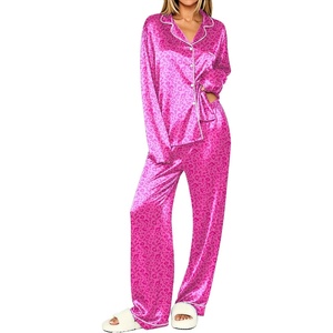 Ekouaer Womens Pajamas Silk Satin Long Sleeve Button Down Pjs Lounge Set(Leopard Rose)