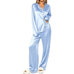 Ekouaer Womens Pajamas Silk Satin Long Sleeve Button Down Pjs Lounge Set(Light Blue)