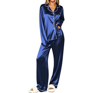 Ekouaer Womens Pajamas Silk Satin Long Sleeve Button Down Pjs Lounge Set(Navy)