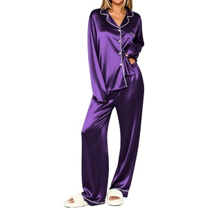Ekouaer Womens Pajamas Silk Satin Long Sleeve Button Down Pjs Lounge Set(Purple)