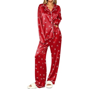 Ekouaer Womens Pajamas Silk Satin Long Sleeve Button Down Pjs Lounge Set(Red Bow)