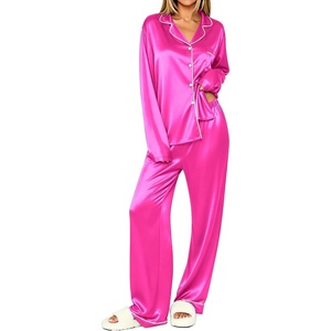 Ekouaer Womens Pajamas Silk Satin Long Sleeve Button Down Pjs Lounge Set(Rose Red)