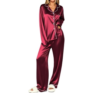 Ekouaer Womens Pajamas Silk Satin Long Sleeve Button Down Pjs Lounge Set(Wine)