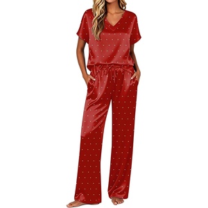 Ekouaer Womens Silk Pajamas Set 2 Piece Satin Pjs Cap Sleeve Loungewear(Black Polka Dots)