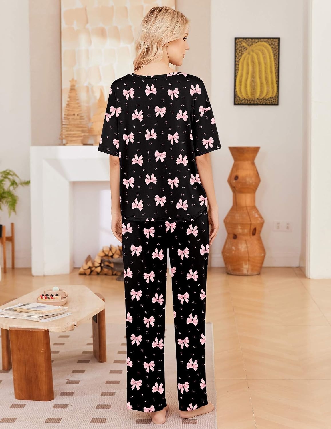 image:imageEkouaer 2 Pack Womens Pajamas Sets Short Sleeve Long Pants Pjs Lounge SetBlack BowApricot Floral Print