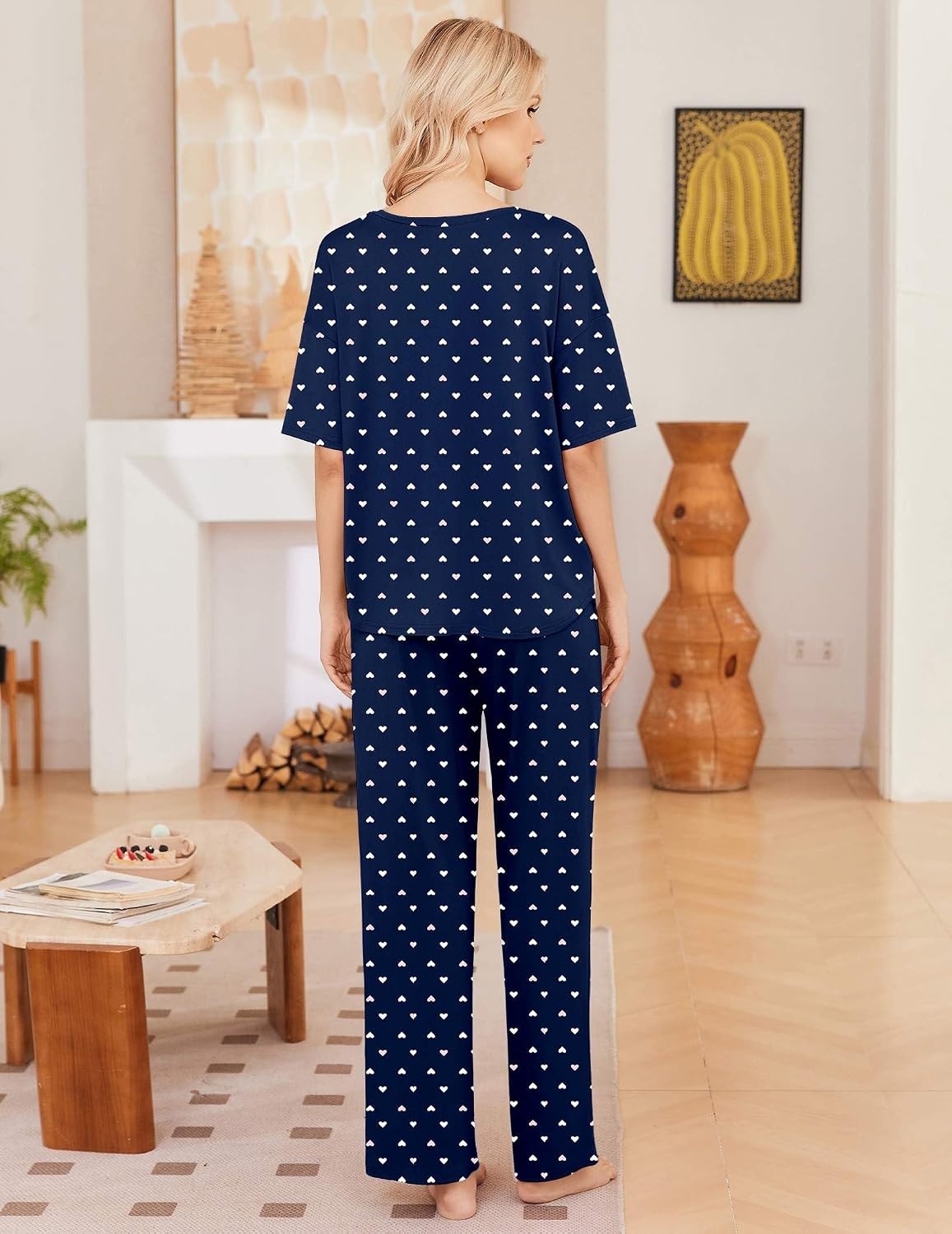 image:imageEkouaer 2 Pack Womens Pajamas Sets Short Sleeve Long Pants Pjs Lounge SetHeart PrintRed Striped