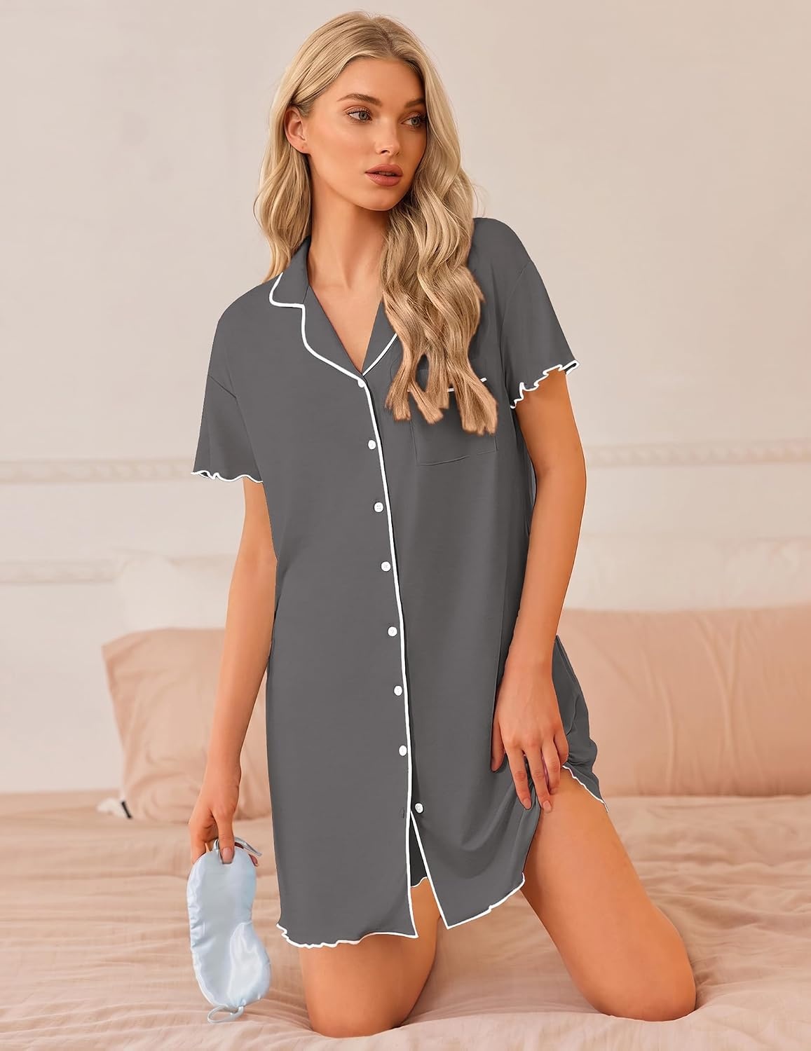 image:imageEkouaer 3 Pack Nightgowns for Women Button Down Sleep Shirt Soft SleepwearBlackDark GrayDark Blue