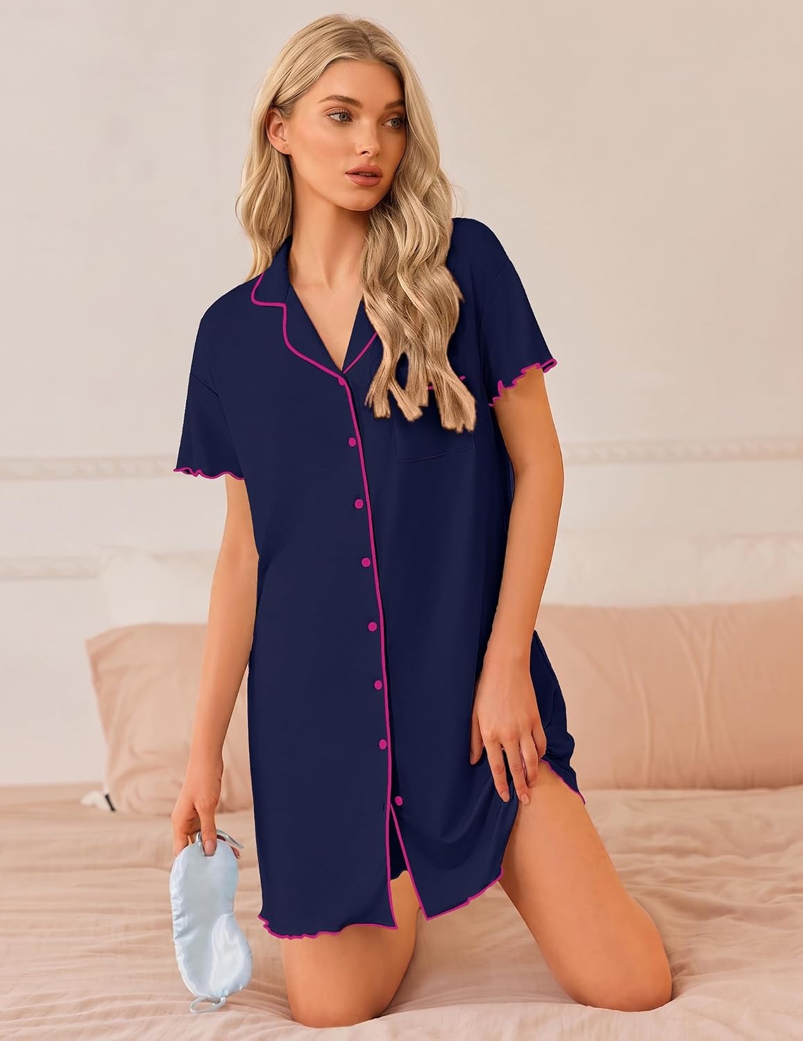 image:imageEkouaer 3 Pack Nightgowns for Women Button Down Sleep Shirt Soft SleepwearBlackDark PinkDark Blue