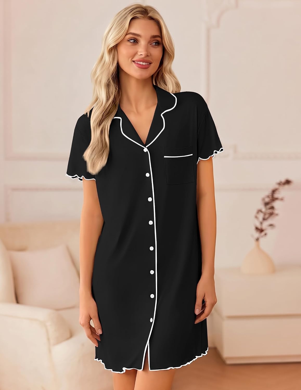 image:imageEkouaer 3 Pack Nightgowns for Women Button Down Sleep Shirt Soft SleepwearBlackDark PinkLight Green