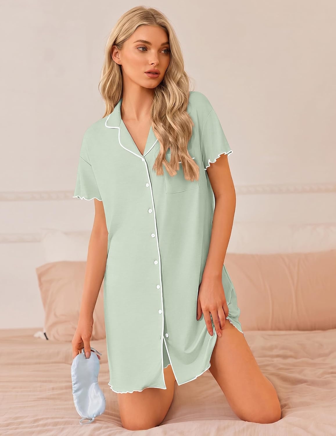 image:imageEkouaer 3 Pack Nightgowns for Women Button Down Sleep Shirt Soft SleepwearBlackLight GreenDark Blue