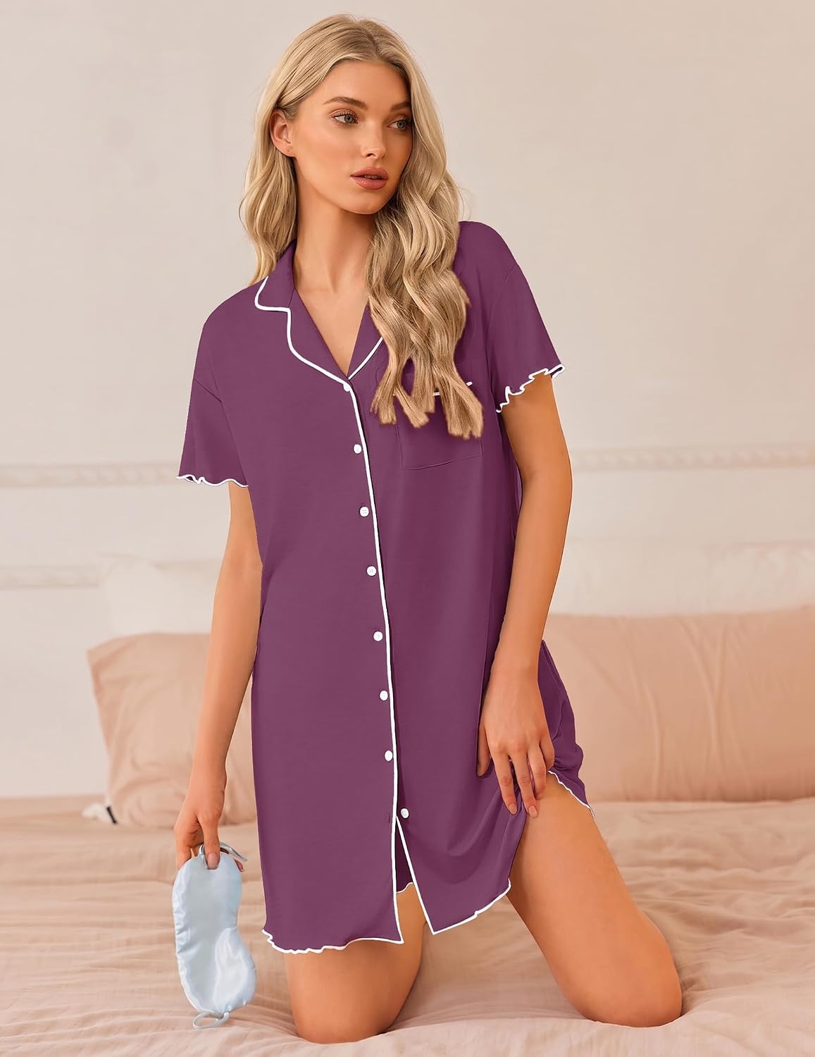 image:imageEkouaer 3 Pack Nightgowns for Women Button Down Sleep Shirt Soft SleepwearBlackPeach RedLight Green