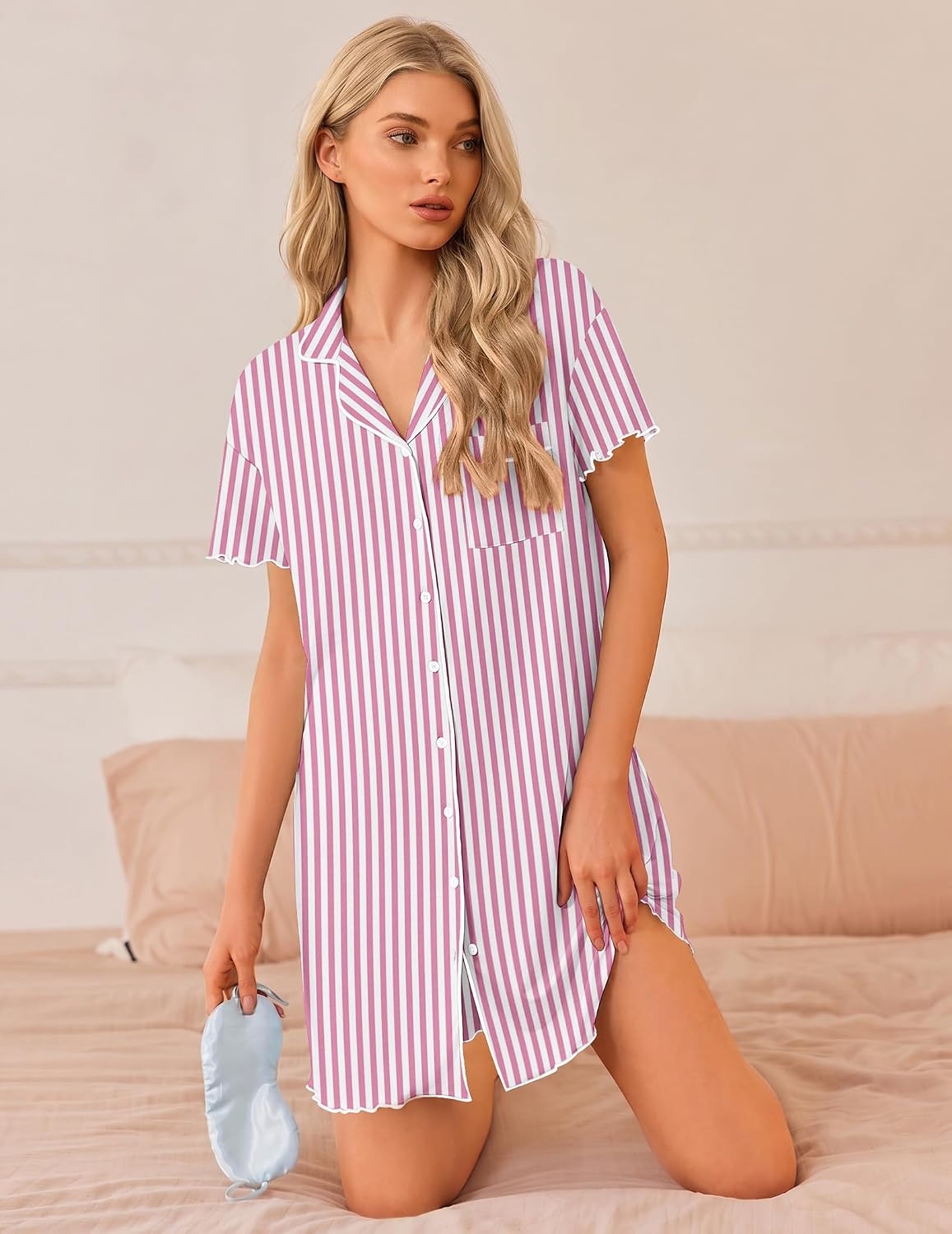 image:imageEkouaer 3 Pack Nightgowns for Women Button Down Sleep Shirt Soft SleepwearBlackPink StripeLight Blue
